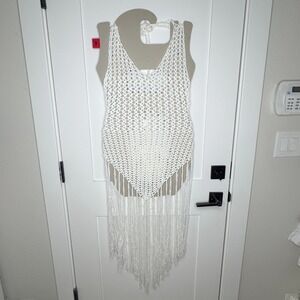 White Crochet Fringe Cover Up Dress Halter Neck Sleeveless‎ Beach Swimsuit L